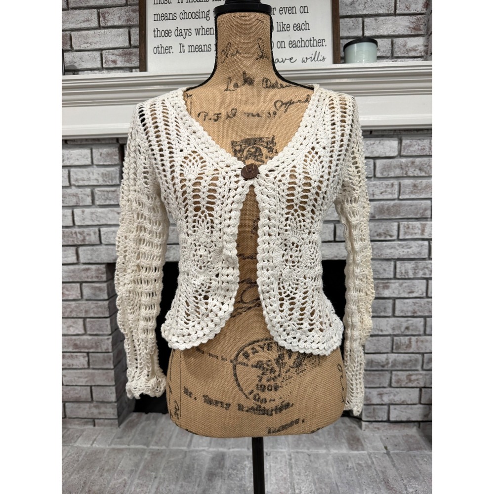 Carolyn Taylor Crochet Cardigan Womens XL Cream Button Shrug Cottagecore Boho